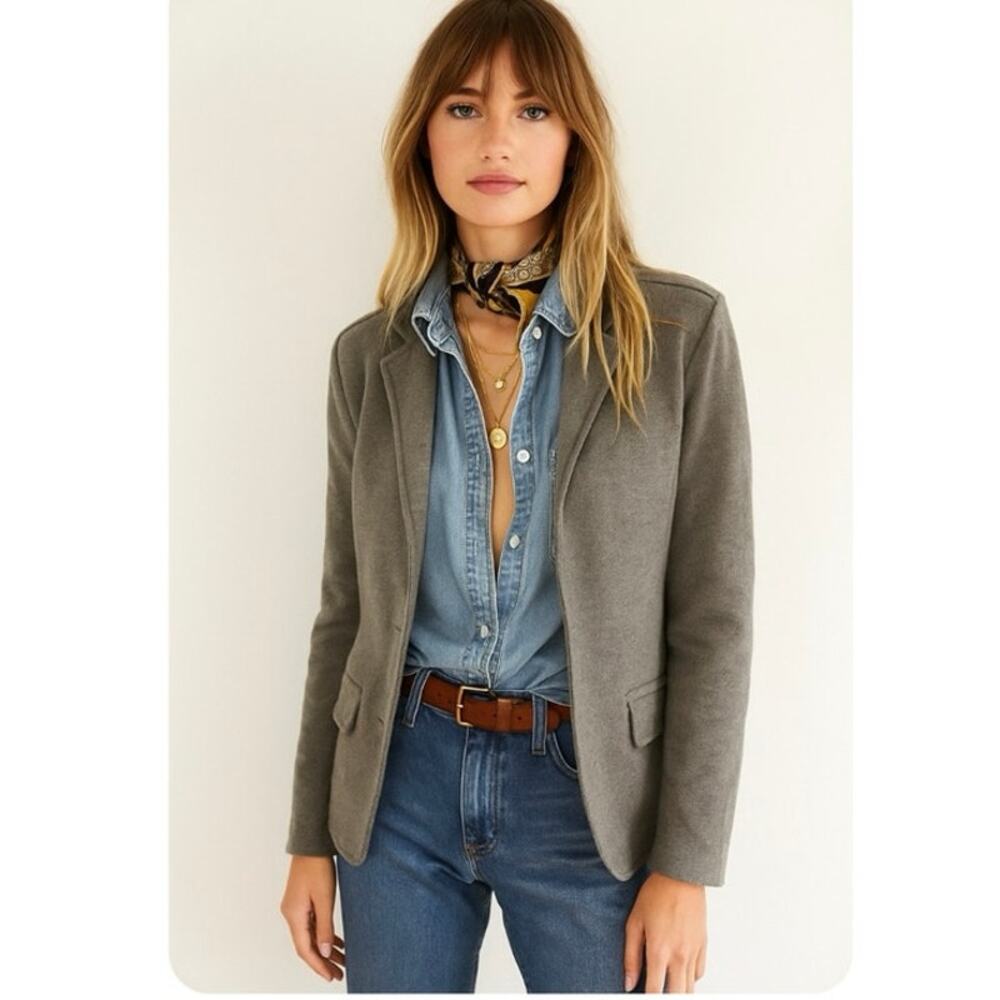 Lauren Ralph Lauren Gray Knit Blazer Gold RL Buttons Preppy Chic S Petite
